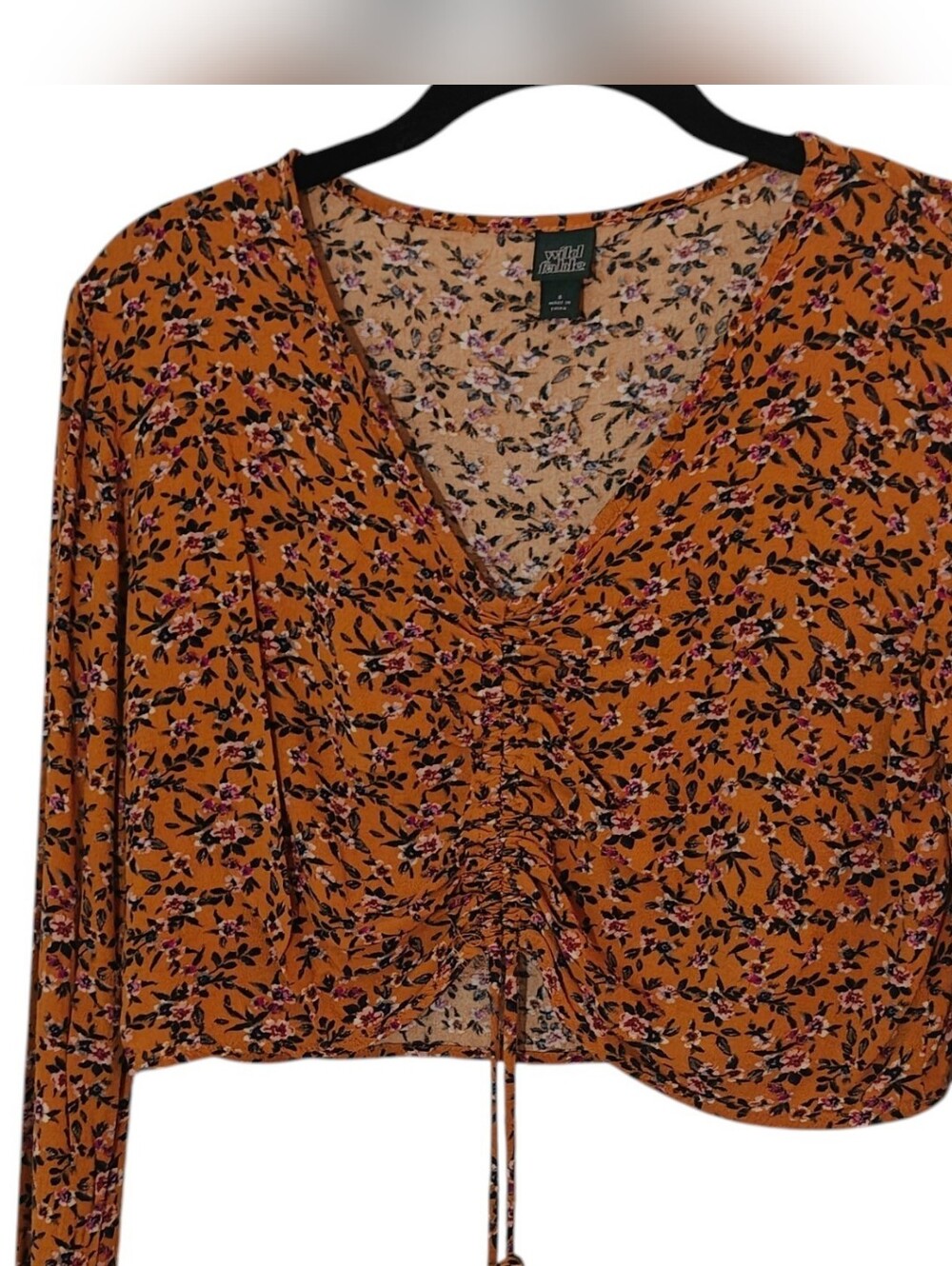 Wild Fable Rust Floral Drawstring V-Neck Crop Top Boho Long Sleeve